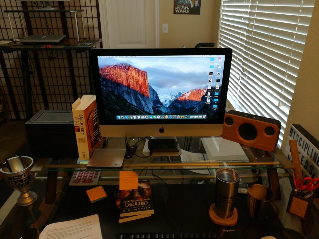 My slightly messy writing desk.
