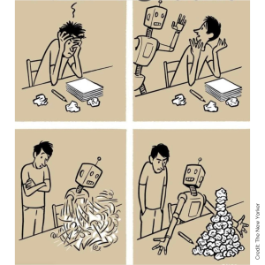 writing fiction with AI cartoon