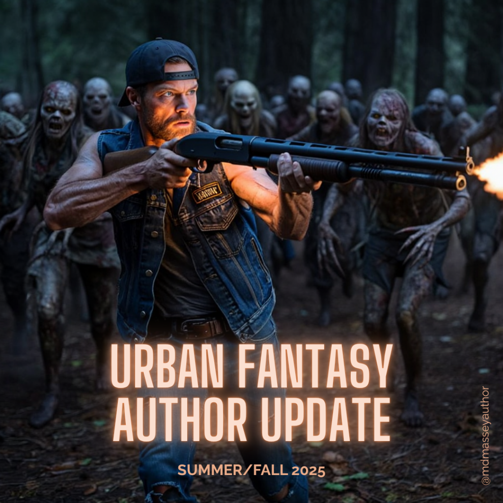Urban fantasy author update image of Deacon from Days Gone being chased by a horde of zombies.