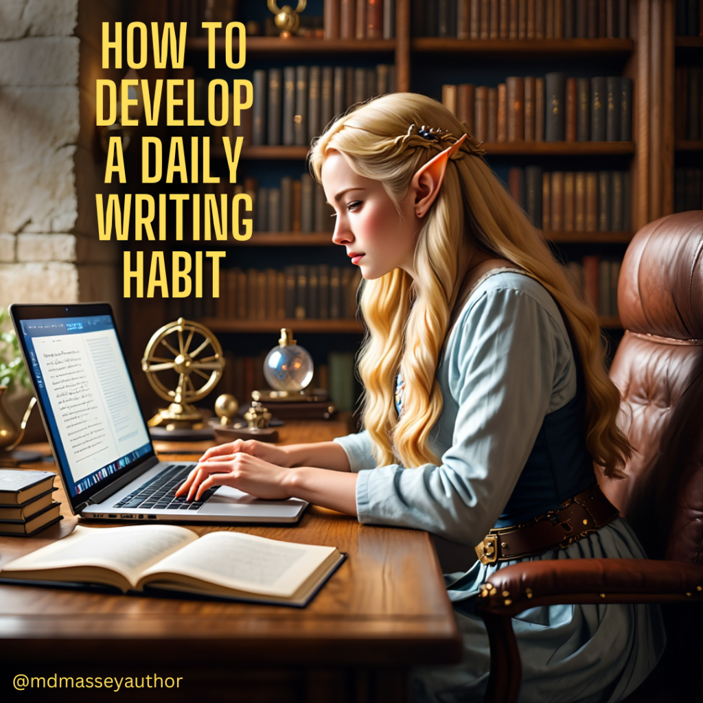 Image of a pretty elven girl writing on a laptop illustrative of developing a daily writing habit