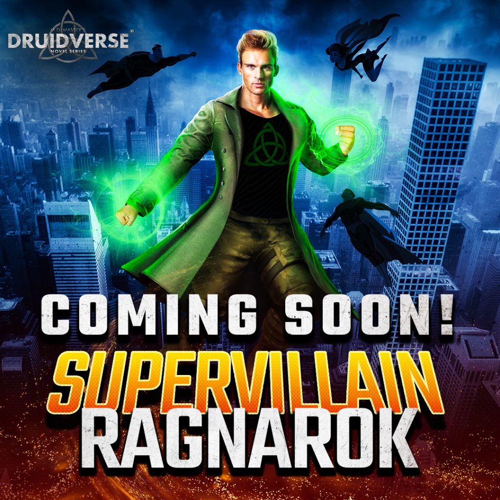 Coming soon image for superhero fantasy fiction novel Supervillain Ragnarok by MD Massey