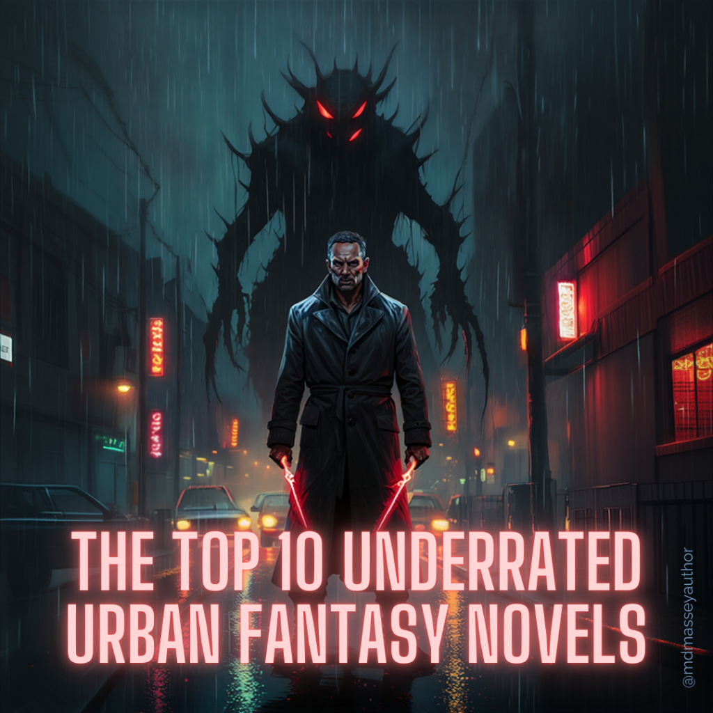 The top ten underrated urban fantasy books illustrated by an image of a monster hunter being stalked by an eldritch horror.