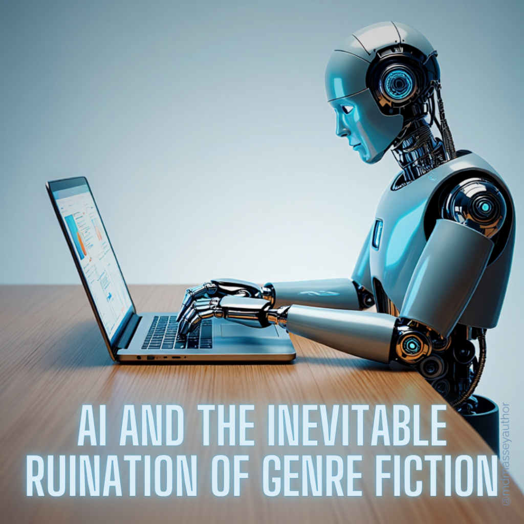 Image of an android typing on a laptop to illustrate AI and the inevitable ruination of genre fiction.