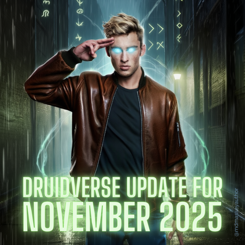 Urban fantasy author update illustration featuring Colin McCool with silver glowing eyes casting a spell.