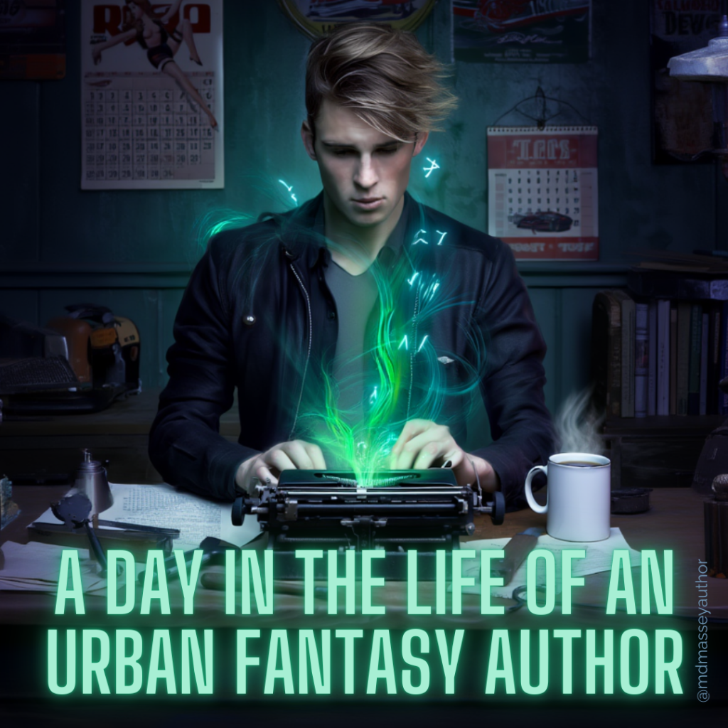 Image of Colin McCool typing at a magic typewriter illustrative of a day in the life of an urban fantasy author.